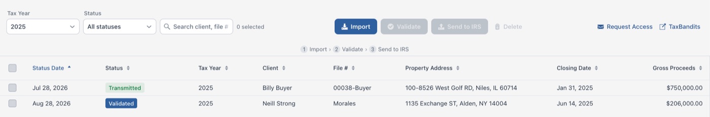 The 1099-S filer, showing transmitted and validated closings for the tax year