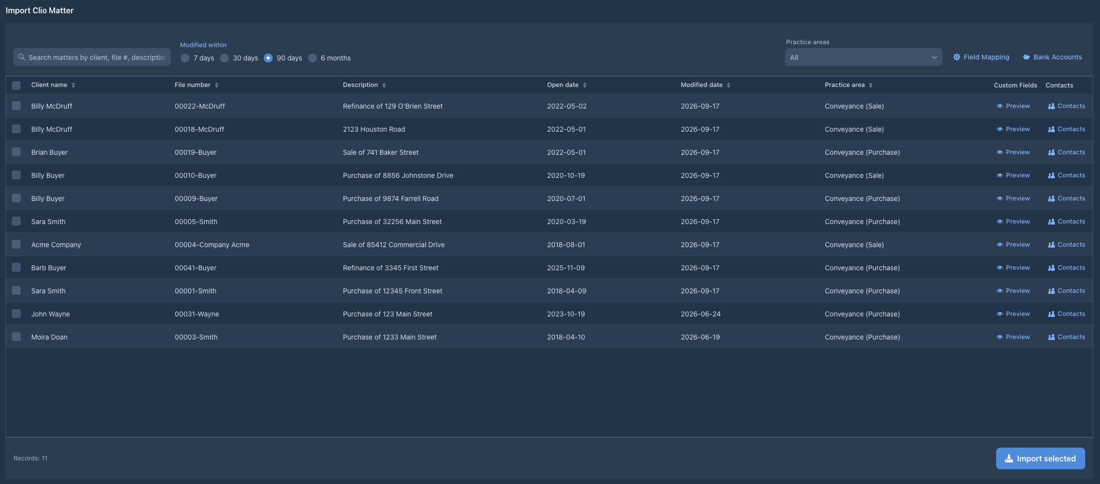 Import Clio matters into Docketman, filtered by practice area and last modified date