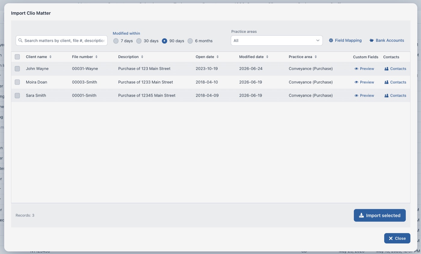 The Import Clio Matter dialog, listing Clio matters ready to import with their practice areas