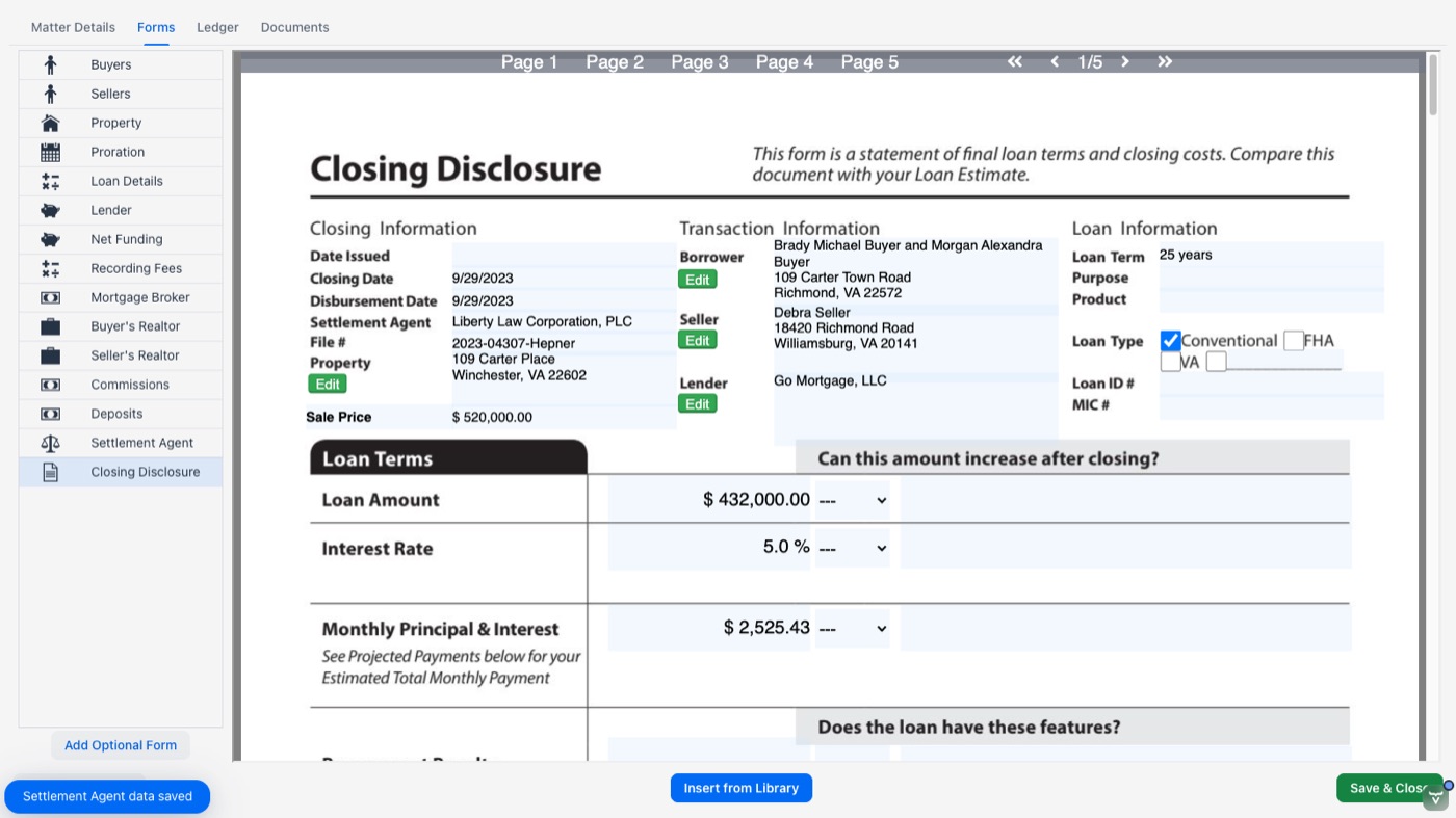A Closing Disclosure being prepared in Docketman, with the form fields alongside the live document