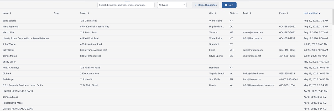The Docketman contact list, with search, type filter and the Merge Duplicates tool