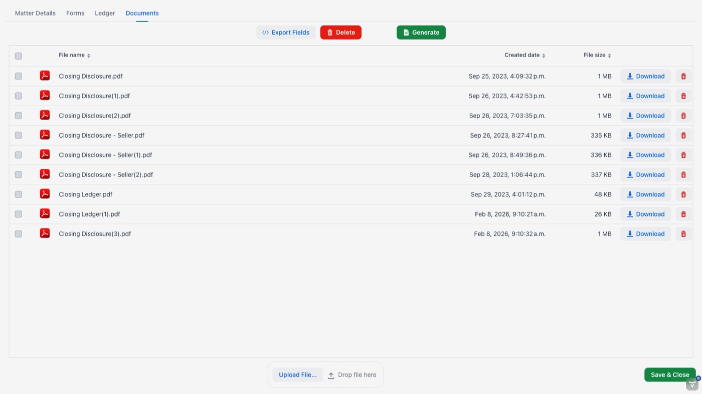 Generated closing documents on a matter, ready to upload to Clio