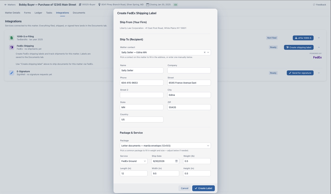 Creating a FedEx shipping label from a matter, with the recipient filled in from a matter contact
