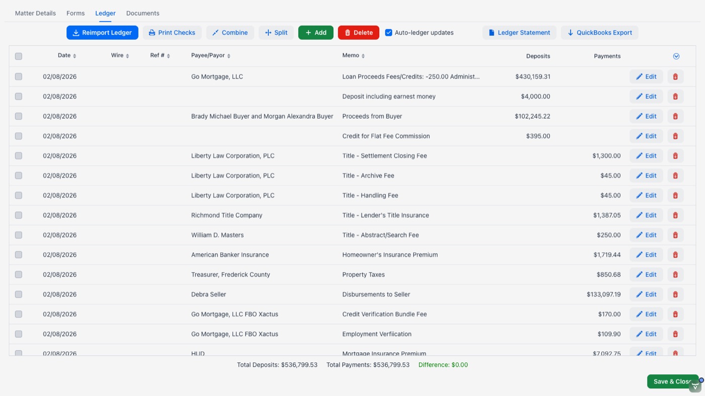 A matter ledger in Docketman, balanced to zero and ready to sync