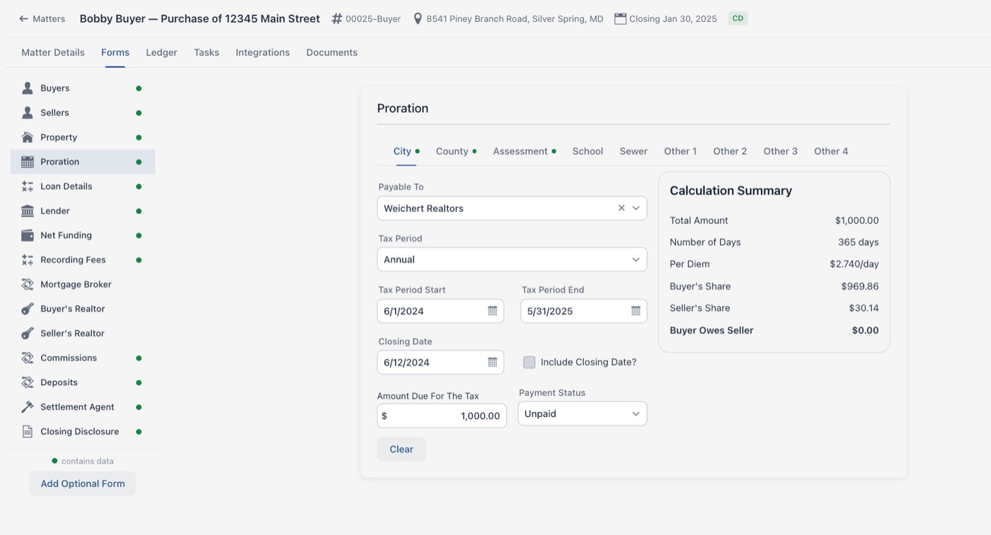 A tax proration on a matter in Docketman, with a tab for each tax and the calculation summary alongside